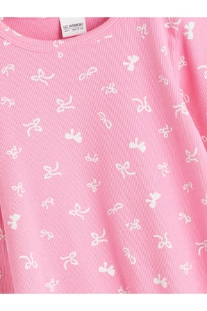 LCW Kids Pembe Bisiklet Yaka Fiyonk Baskılı Kız Çocuk Pijama Takımı