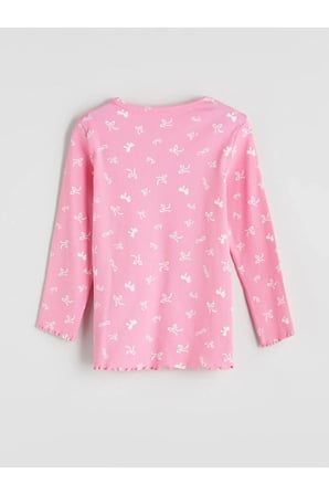 LCW Kids Pembe Bisiklet Yaka Fiyonk Baskılı Kız Çocuk Pijama Takımı
