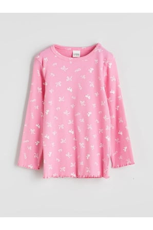 LCW Kids Pembe Bisiklet Yaka Fiyonk Baskılı Kız Çocuk Pijama Takımı