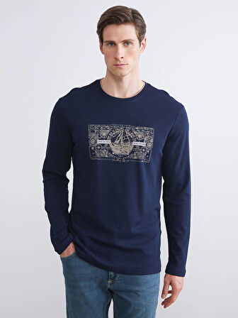 LCWAIKIKI Classic Lacivert Bisiklet Yaka Uzun Kollu Baskılı Erkek Sweatshirt