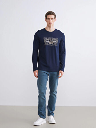 LCWAIKIKI Classic Lacivert Bisiklet Yaka Uzun Kollu Baskılı Erkek Sweatshirt