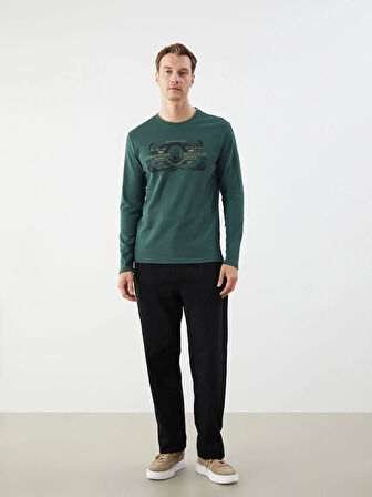 LCWAIKIKI Classic Yeşil Bisiklet Yaka Uzun Kollu Baskılı Erkek Sweatshirt