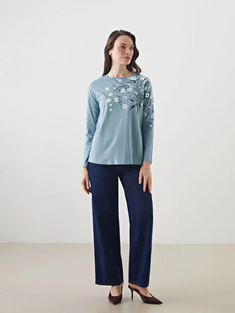 LCW Grace Mavi Bisiklet Yaka Çiçekli Kadın Bluz