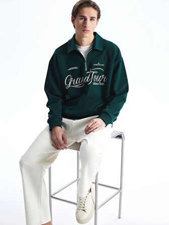 XSIDE Yeşil Dik Yaka Uzun Kollu Baskılı Erkek Sweatshirt