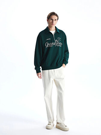 XSIDE Yeşil Dik Yaka Uzun Kollu Baskılı Erkek Sweatshirt