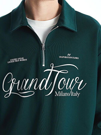 XSIDE Yeşil Dik Yaka Uzun Kollu Baskılı Erkek Sweatshirt