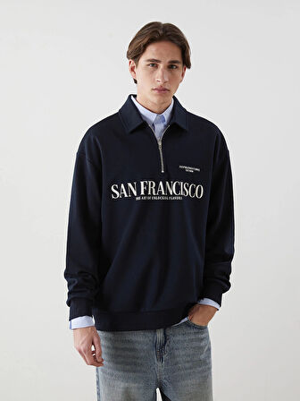 XSIDE Lacivert Polo Yaka Uzun Kollu Baskılı Erkek Sweatshirt