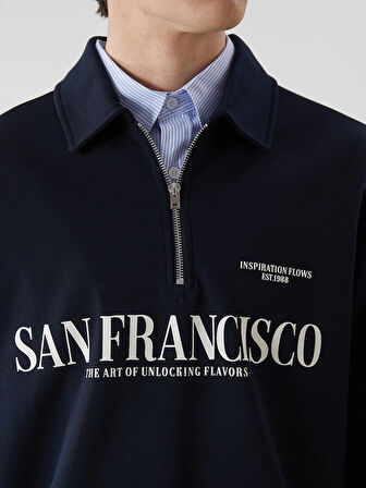 XSIDE Lacivert Polo Yaka Uzun Kollu Baskılı Erkek Sweatshirt