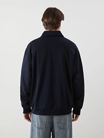 XSIDE Lacivert Polo Yaka Uzun Kollu Baskılı Erkek Sweatshirt