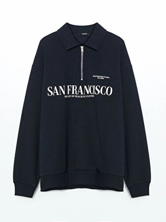 XSIDE Lacivert Polo Yaka Uzun Kollu Baskılı Erkek Sweatshirt