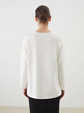 LCWAIKIKI Classic Ekru Bisiklet Yaka Baskılı Oversize Kadın Sweatshirt Tunik