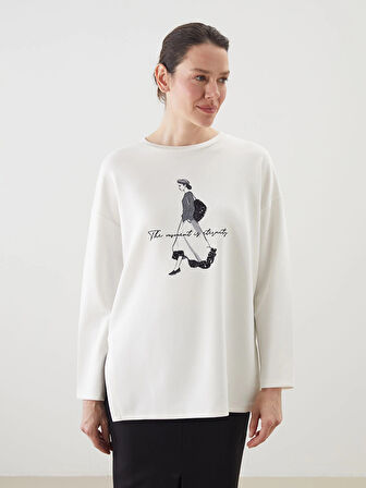 LCWAIKIKI Classic Ekru Bisiklet Yaka Baskılı Oversize Kadın Sweatshirt Tunik