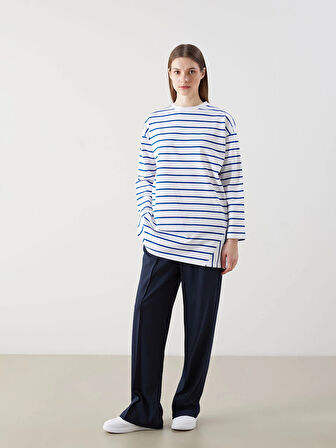 LCW Modest Mavi Bisiklet Yaka Çizgili Kadın Sweatshirt Tunik