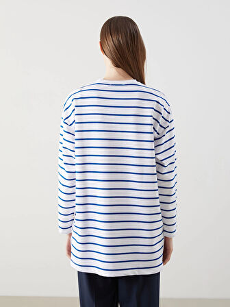 LCW Modest Mavi Bisiklet Yaka Çizgili Kadın Sweatshirt Tunik