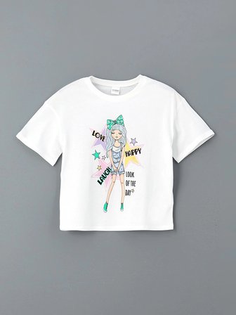 LCW Kids Beyaz Bisiklet Yaka Kız Çocuk Şortlu Pijama Takımı