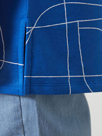 LCWAIKIKI Classic Mavi Bisiklet Yaka Desenli Oversize Kadın Sweatshirt Tunik