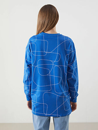 LCWAIKIKI Classic Mavi Bisiklet Yaka Desenli Oversize Kadın Sweatshirt Tunik