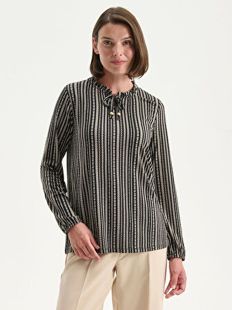 LCW Grace Siyah Bağlamalı Yaka Desenli Bluz