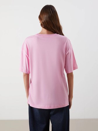 LCW Vision Pembe Bisiklet Yaka Baskılı Oversize Kadın Tişört