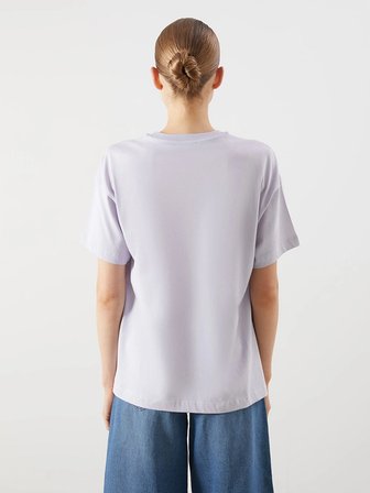 LCW Vision Lila Bisiklet Yaka Baskılı Oversize Kadın Tişört