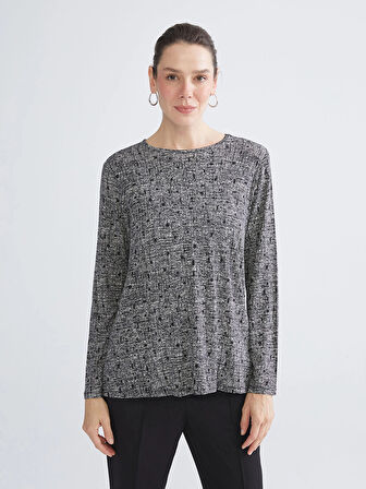 LCW Grace Siyah Büyük Beden Bisiklet Yaka Desenli Bluz