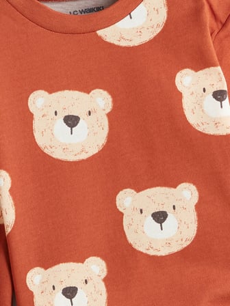 LC Waikiki Kahverengi Baskılı Erkek Bebek Tişört ve Pantolon 2'li