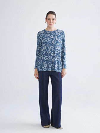 LCW Grace Indigo Bisiklet Yaka Çiçekli Bluz