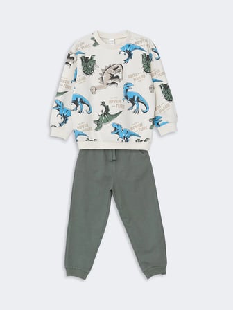 LCW baby Bej Bisiklet Yaka Baskılı Erkek Bebek Sweatshirt ve Eşofman Alt 2'li