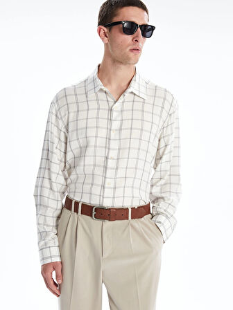 LCW Vision Ekru Rahat Kalıp Uzun Kollu Ekose Erkek Gömlek