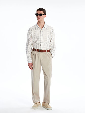 LCW Vision Ekru Rahat Kalıp Uzun Kollu Ekose Erkek Gömlek