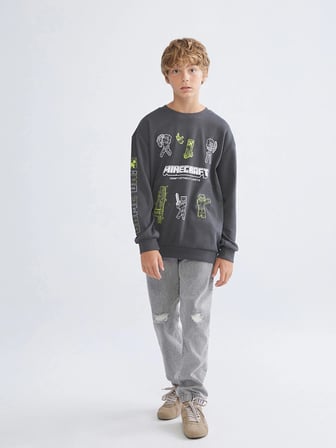 LC WAIKIKI Antrasit Bisiklet Yaka Minecraft Baskılı Erkek Çocuk Sweatshirt