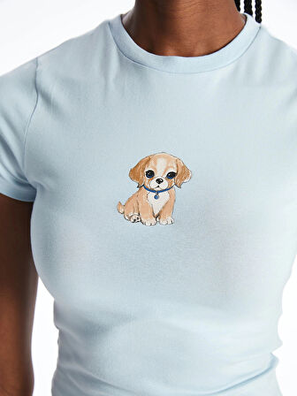 XSIDE Mavi Bisiklet Yaka Köpek Baskılı Kadın Crop