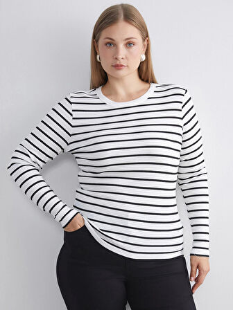 LCWAIKIKI Classic Ekru Bisiklet Yaka Çizgili Kadın Body