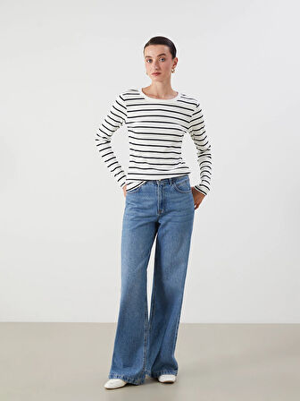 LCWAIKIKI Classic Ekru Bisiklet Yaka Çizgili Kadın Body