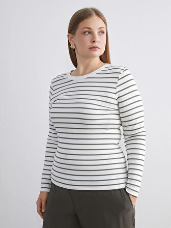 LCWAIKIKI Classic Haki Bisiklet Yaka Çizgili Kadın Body