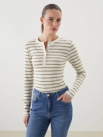 LCWAIKIKI Classic Yeşil Bisiklet Yaka Çizgili Kadın Body