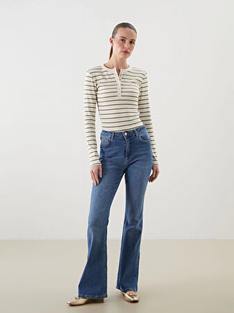 LCWAIKIKI Classic Yeşil Bisiklet Yaka Çizgili Kadın Body