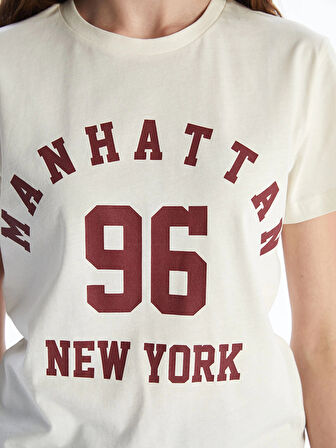 XSIDE Bej Bisiklet Yaka New York Baskılı Kadın Tişört