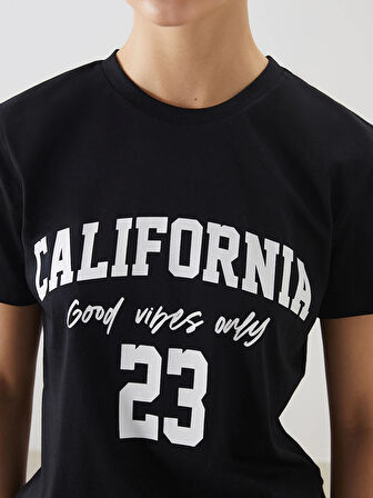 XSIDE Siyah Bisiklet Yaka California Baskılı Kadın Tişört