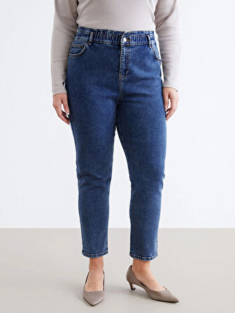 LCWAIKIKI Classic İndigo Beli Lastikli Slim Mom Kadın Jean Pantolon