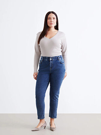 LCWAIKIKI Classic İndigo Beli Lastikli Slim Mom Kadın Jean Pantolon