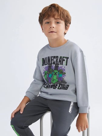 LCW Kids Gri Bisiklet Yaka Minecraft Baskılı Erkek Çocuk Sweatshirt