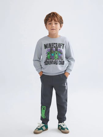 LCW Kids Gri Bisiklet Yaka Minecraft Baskılı Erkek Çocuk Sweatshirt