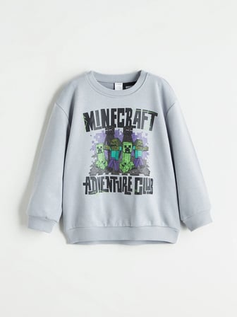 LCW Kids Gri Bisiklet Yaka Minecraft Baskılı Erkek Çocuk Sweatshirt