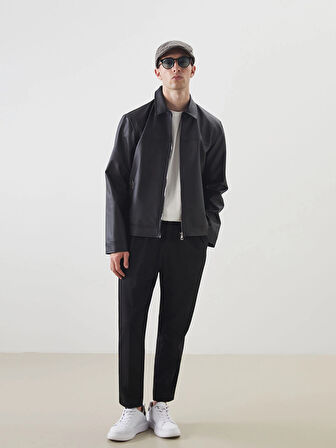 LCW Vision Siyah Standart Kalıp Gömlek Yaka Erkek Deri Görünümlü Mont