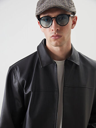 LCW Vision Siyah Standart Kalıp Gömlek Yaka Erkek Deri Görünümlü Mont