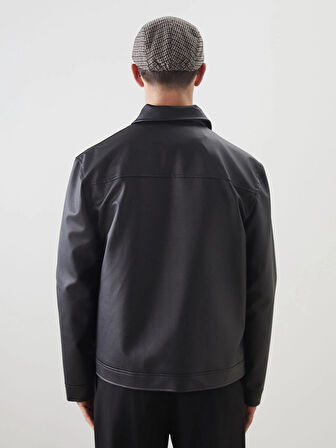 LCW Vision Siyah Standart Kalıp Gömlek Yaka Erkek Deri Görünümlü Mont