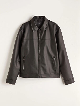 LCW Vision Siyah Standart Kalıp Gömlek Yaka Erkek Deri Görünümlü Mont