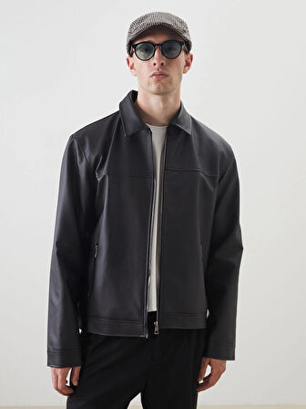 LCW Vision Siyah Standart Kalıp Gömlek Yaka Erkek Deri Görünümlü Mont