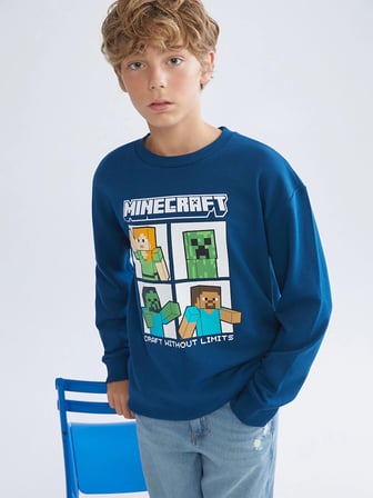 LCW Kids Petrol Bisiklet Yaka Minecraft Baskılı Erkek Çocuk Sweatshirt